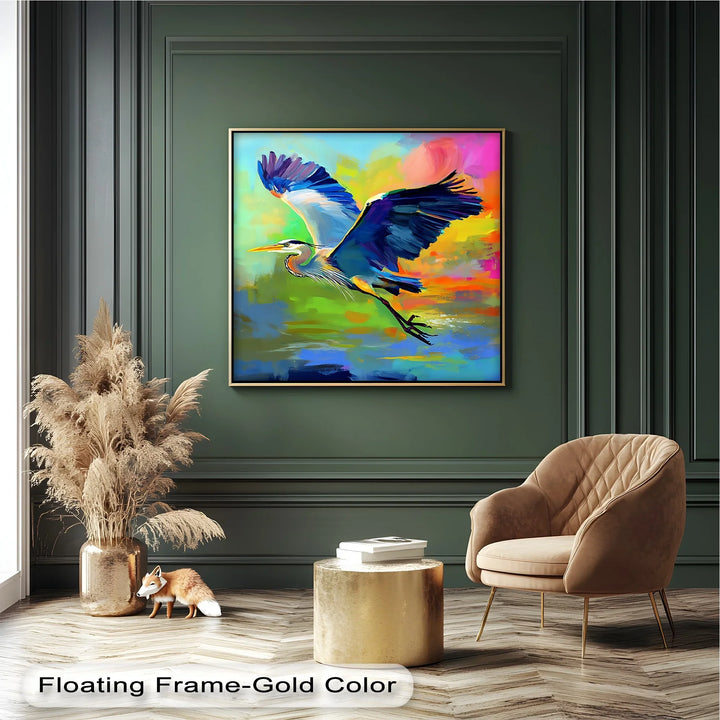 Soaring Spirit – abstract nature canvas print with colorful flying heron.

