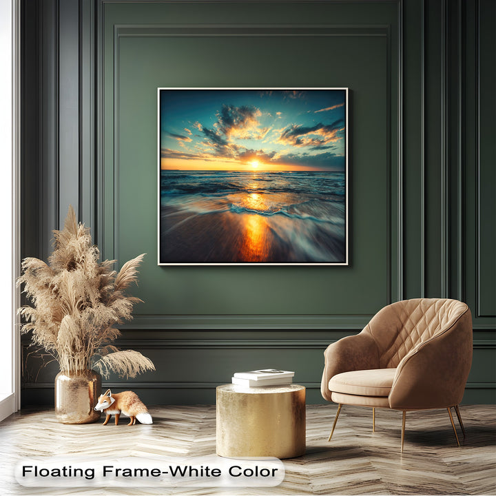 The layered golden ocean sunset creates a dynamic scene, reflecting light across the waves and wet sand on this vibrant big canvas print.