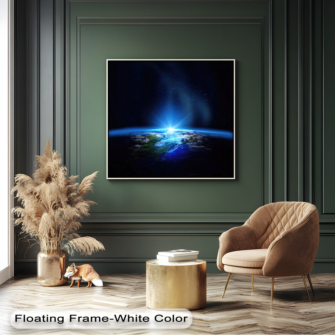 The abstract quality of this canvas art showcases a cosmic blue planet Earth glowing with a radiant light burst against a starry sky.