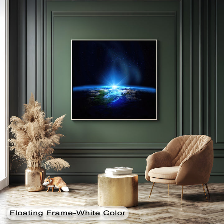 The abstract quality of this canvas art showcases a cosmic blue planet Earth glowing with a radiant light burst against a starry sky.