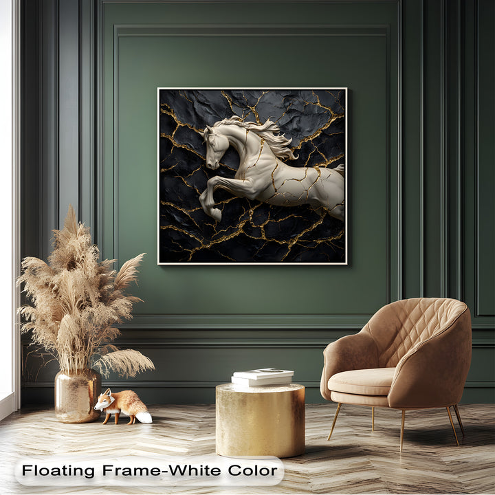 The deep color saturation of this luxury black and gold white horse big canvas prints enhances its elegant and striking visual appeal.