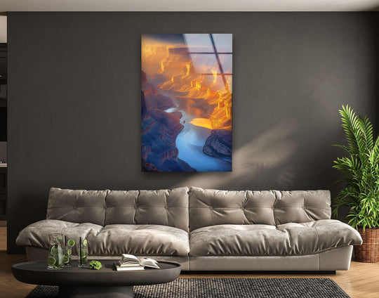 Featuring a mesmerizing canyon river view, the Grand Canyon Sunset glass wall art offers a beautiful home decoration piece highlighting the golden light.