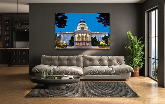 Dominated by dark grays and blues, this glass wall art features California's State Capitol Building, perfect for distinctive wall prints showcasing iconic architecture.