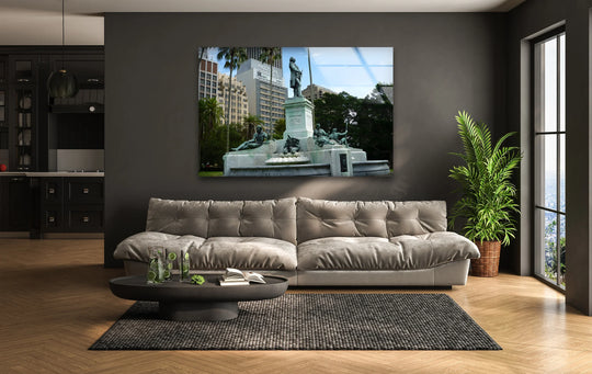 High color contrast showcases a statue, creating striking art from glass that captures King José I landmark against a muted gray backdrop.