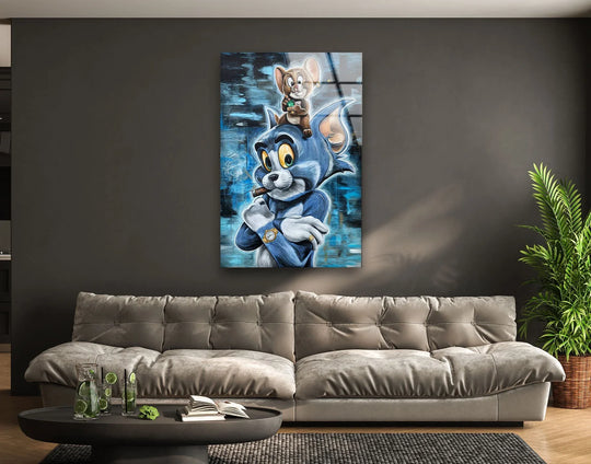 Color contrast highlights the cool blue tones in this Boss Duo Tom and Jerry cool glass print wall art.