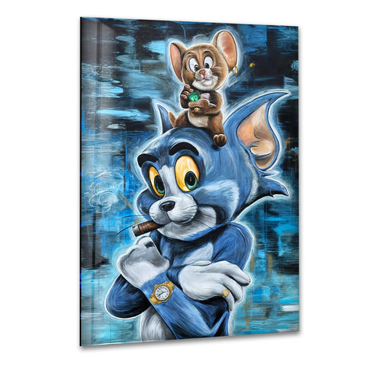 Smoky blue wisps add softness to this cool Boss Duo featuring Tom and Jerry design on tempered glass wall art, a playful luxury urban style piece.