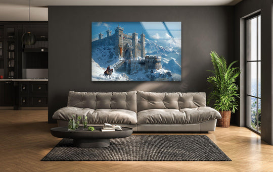 Subtle light defines the stark shadow and glossy reflections on the Castle glass wall art decor, highlighting the dramatic, snowy mountain vista and fortress.