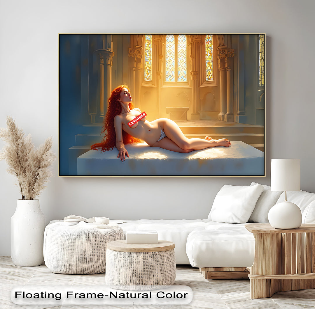 Nude Goddess in Sunlit Cathedral - Erotic Canvas Print | Framed Art