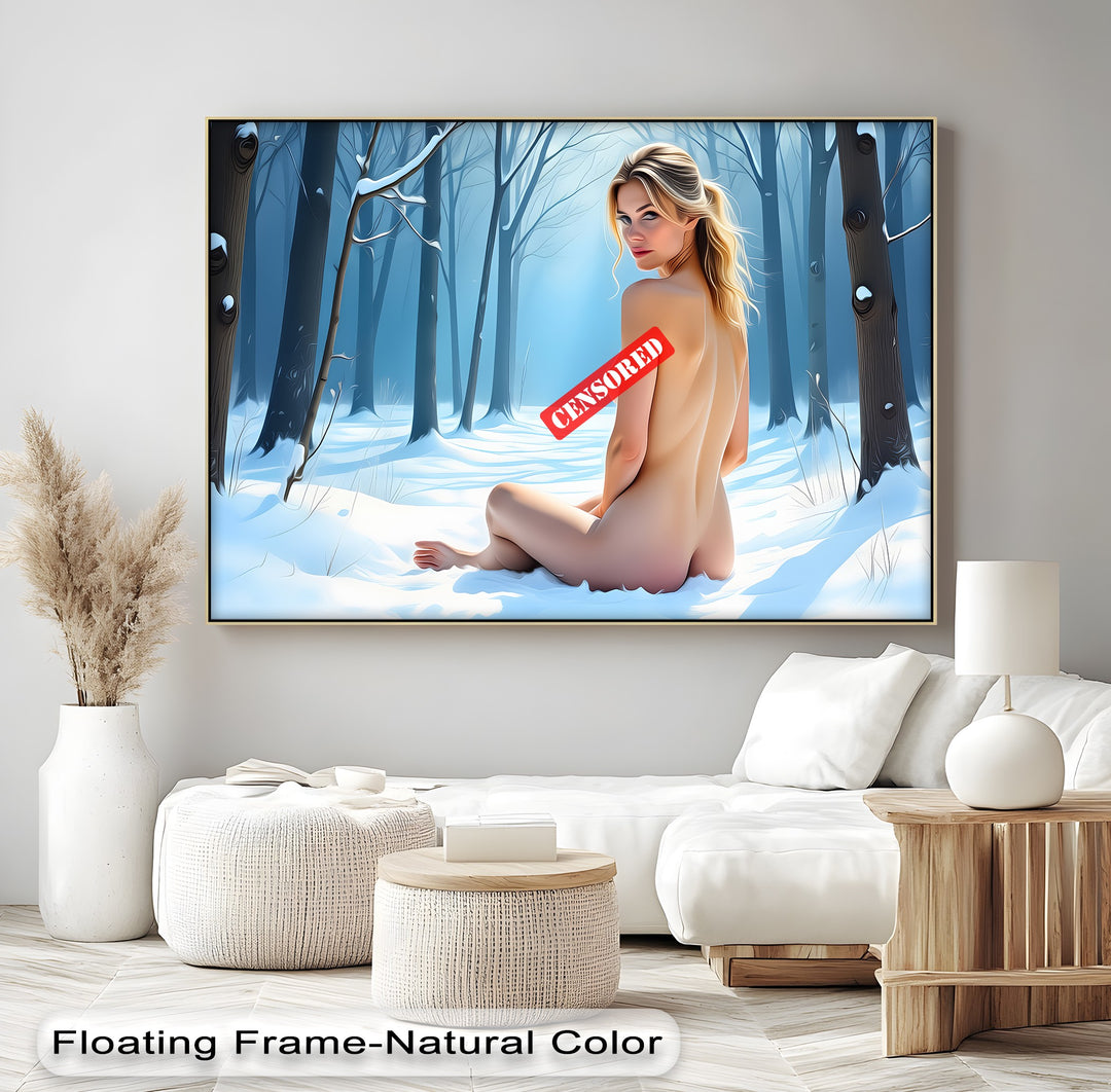 Winter Muse – Nude Goddess in Snowy Forest Erotic Canvas Print | Framed Art