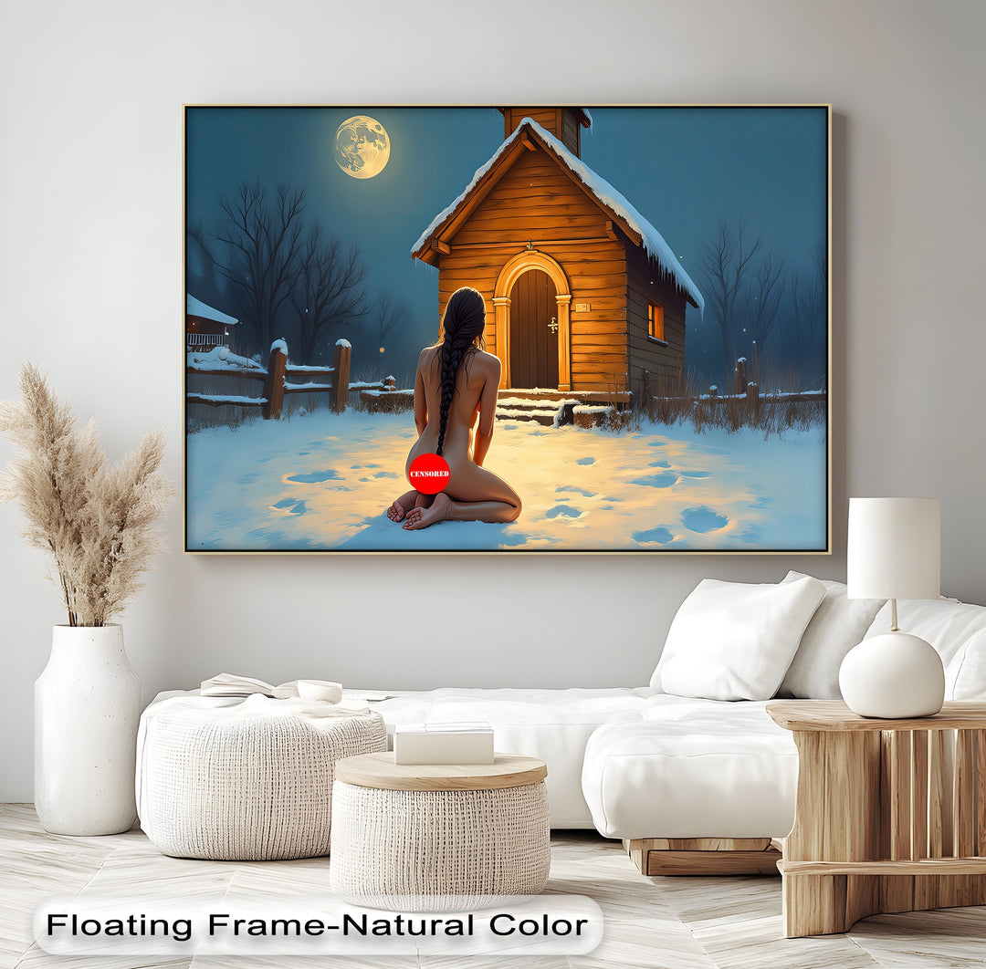 Moonlit Prayer – Sensual Nude in Snowy Night Erotic Canvas Print | Framed Art