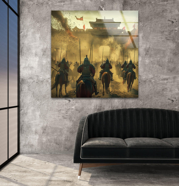 Glaswandkunst mit chinesischen Kriegern