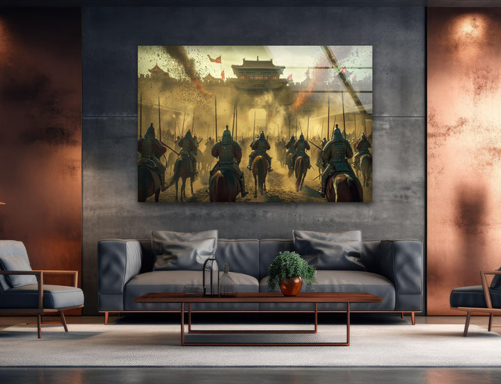 Glaswandkunst mit chinesischen Kriegern