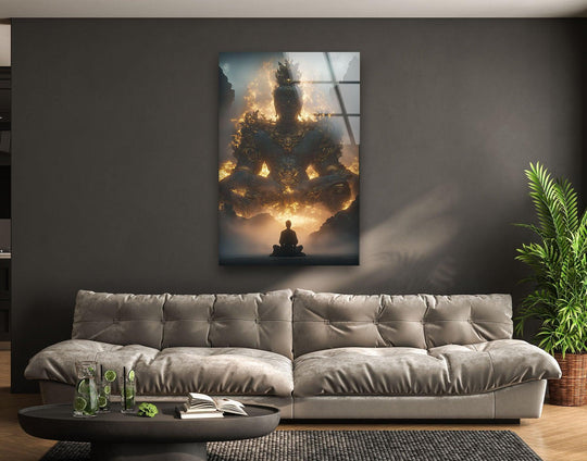 A meditating figure sits before a massive, layered figure bathed in fiery light, creating a stunning hanging wall art piece.