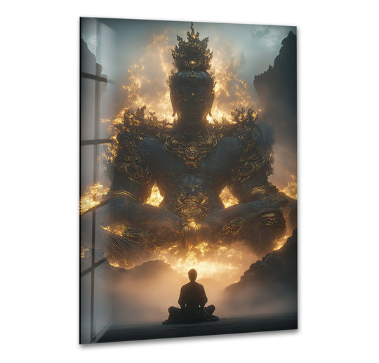 Majestic golden fire surrounds a dark, seated deity in this dramatic tempered glass wall art.