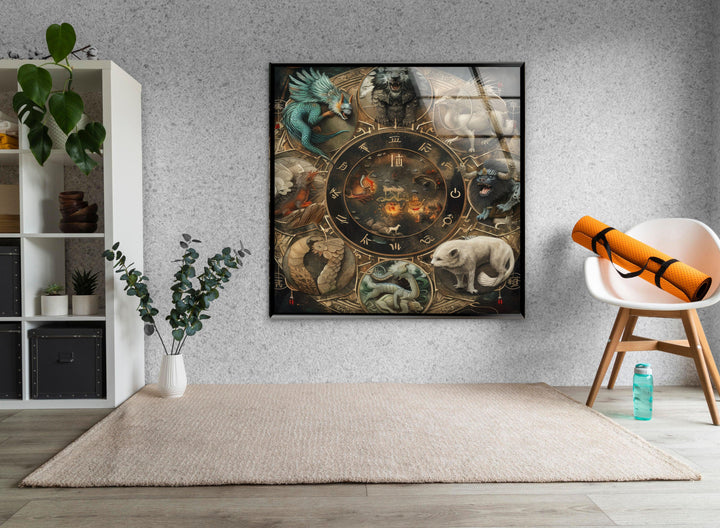 Wandbild aus Glas mit chinesischem Jahreskalender