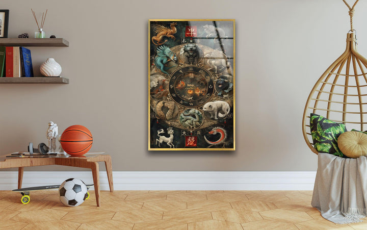 Wandbild aus Glas mit chinesischem Jahreskalender