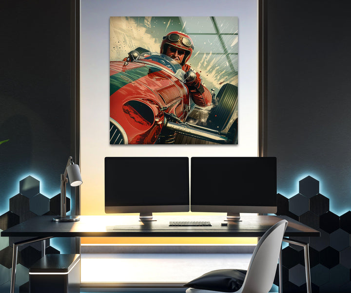 Wandbild aus Glas im Vintage-Stil mit rotem Auto