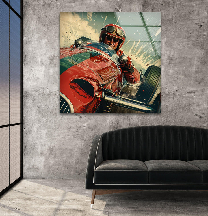 Wandbild aus Glas im Vintage-Stil mit rotem Auto