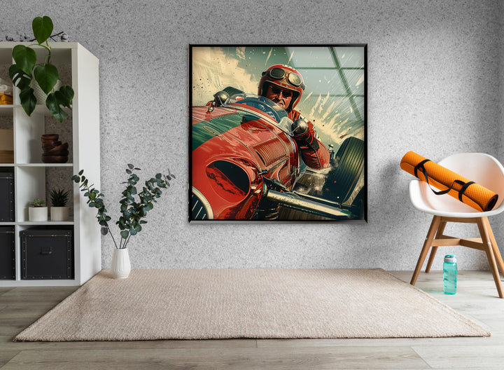 Wandbild aus Glas im Vintage-Stil mit rotem Auto
