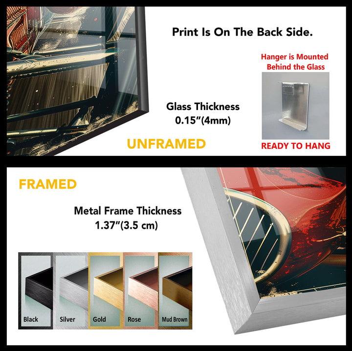 Wandbild aus Glas im Vintage-Stil mit rotem Auto
