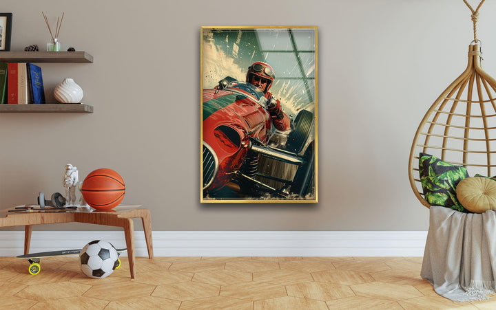 Wandbild aus Glas im Vintage-Stil mit rotem Auto