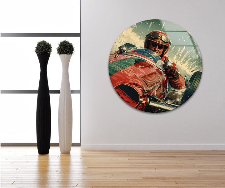 Wandbild aus Glas im Vintage-Stil mit rotem Auto