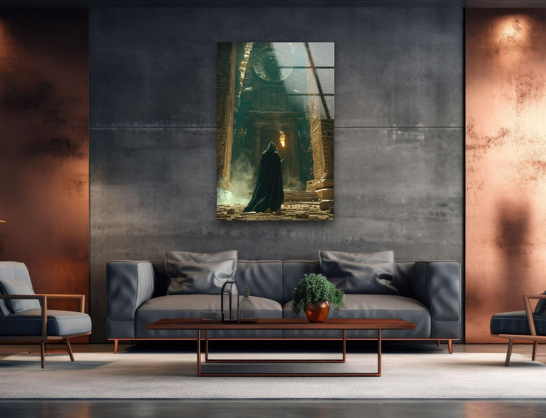 Wandbild aus Glas mit verhülltem Mann im Tempel