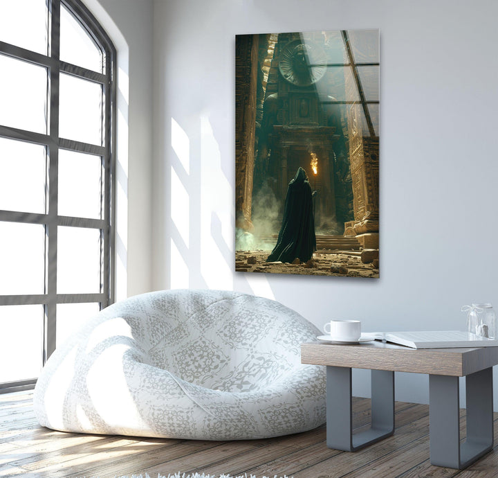 Wandbild aus Glas mit verhülltem Mann im Tempel