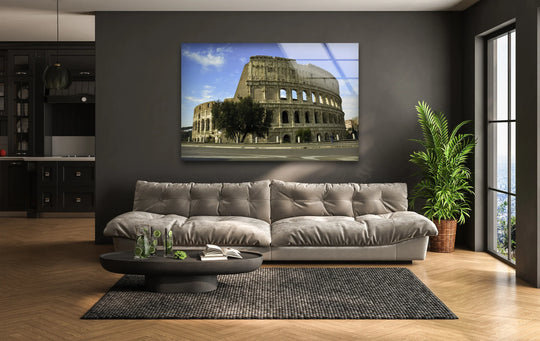 Showcasing the focal point, the Colosseum in Rome appears in striking glass wall art, an iconic landmark suitable for any home decoration.