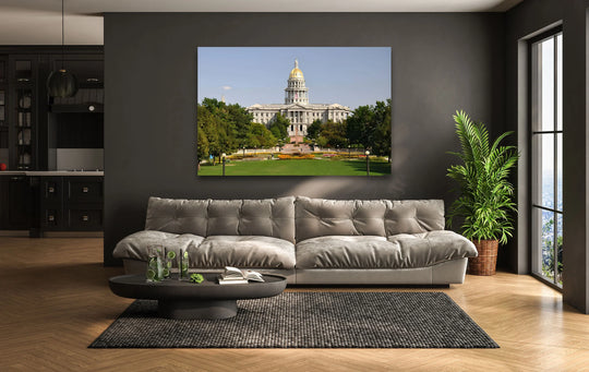 Highlighting the golden dome, the brightest area showcases the Colorado State Capitol on tempered glass wall art, capturing the historic landmark bathed in sunlight.