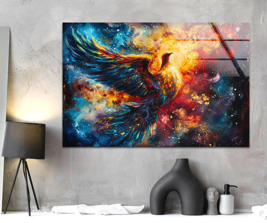 The glossy glass wall art shows a fiery phoenix motif with vibrant colors and is radiant animal art and a symbol of rebirth for birds themed walls