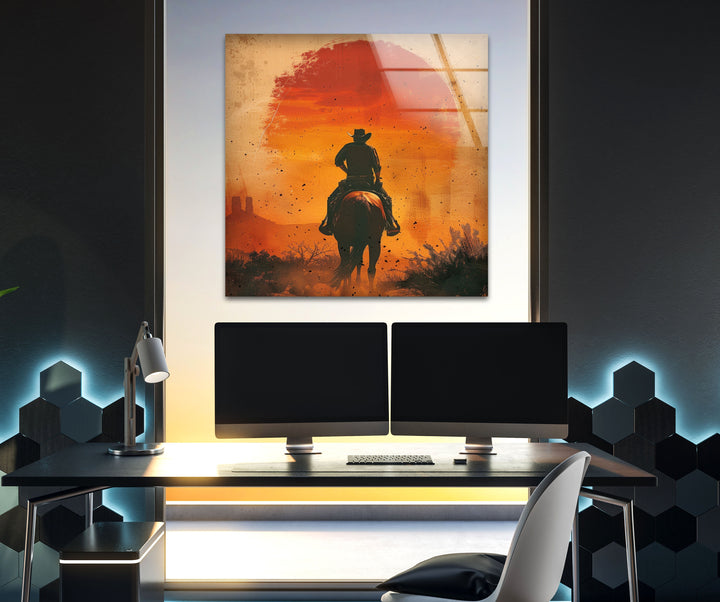Cowboy reitet auf einem staubigen Glas Wandkunst