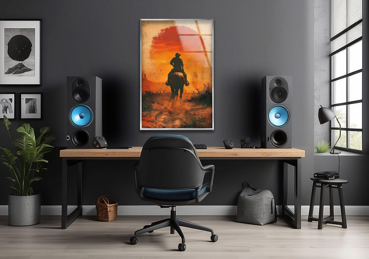 Cowboy reitet auf einem staubigen Glas Wandkunst