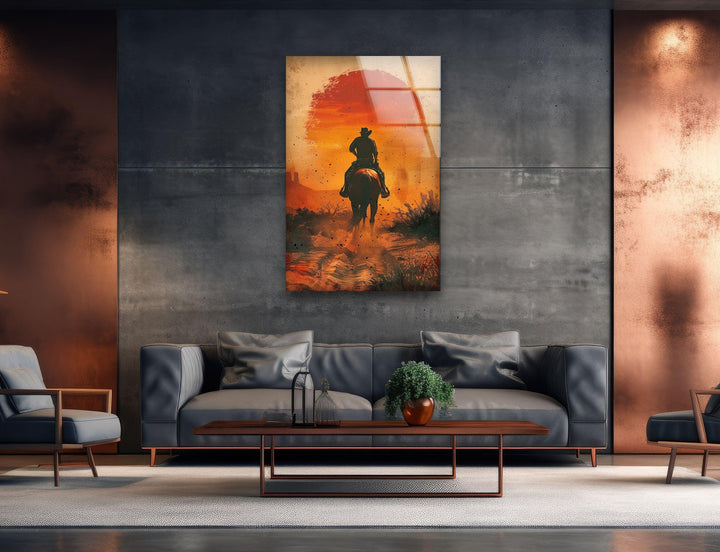 Cowboy reitet auf einem staubigen Glas Wandkunst