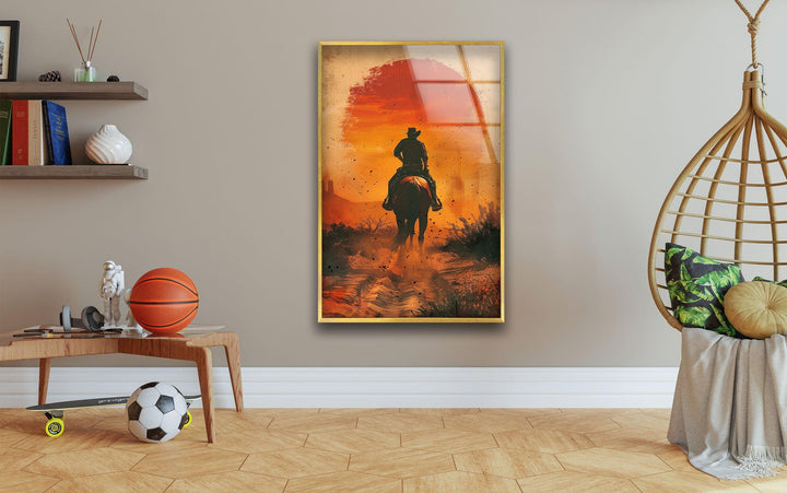 Cowboy reitet auf einem staubigen Glas Wandkunst