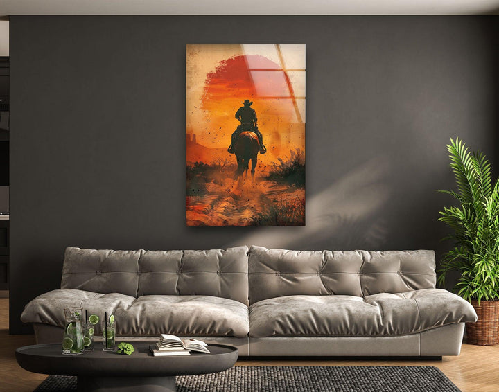 Cowboy reitet auf einem staubigen Glas Wandkunst