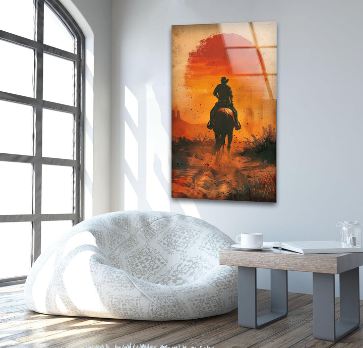 Cowboy reitet auf einem staubigen Glas Wandkunst