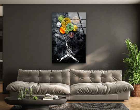 Bold tempered glass wall art features a stark color contrast between the dark background and brightly colored crypto coins.