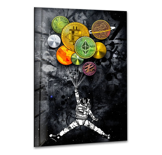 Vibrantly saturated crypto coins float upward like balloons held by an astronaut in this energetic tempered glass wall art.