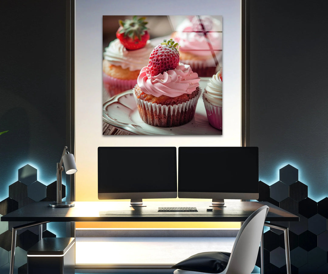 Vibrant color saturation brings the strawberry cupcakes to life in this glass wall art, creating a unique modern wall decor piece with delectable charm.