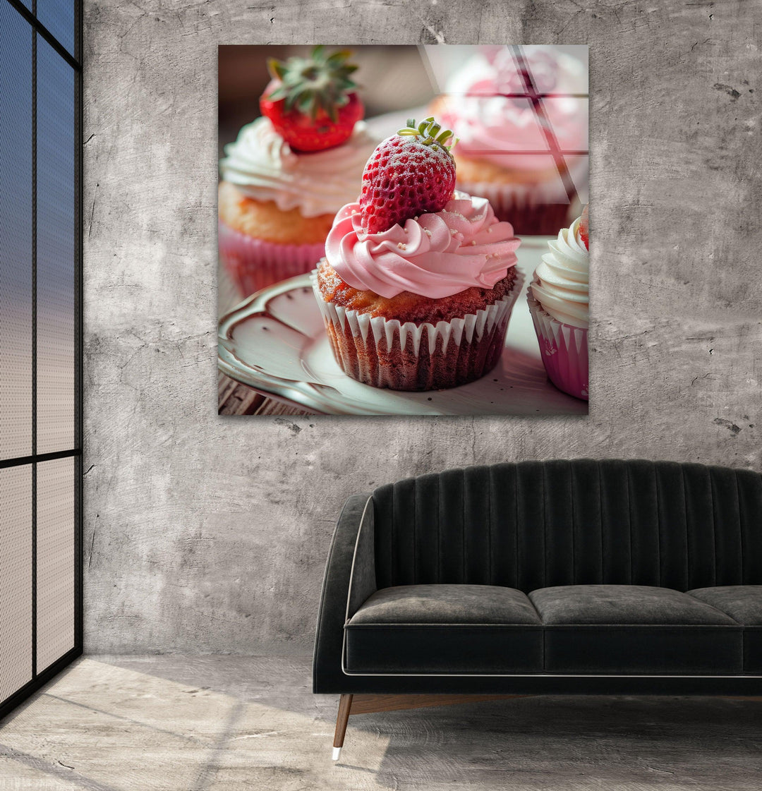 A swirl of frosted movement dances across the Strawberry Cupcakes glass wall art prints, capturing the energy of a delicious dessert's creation.