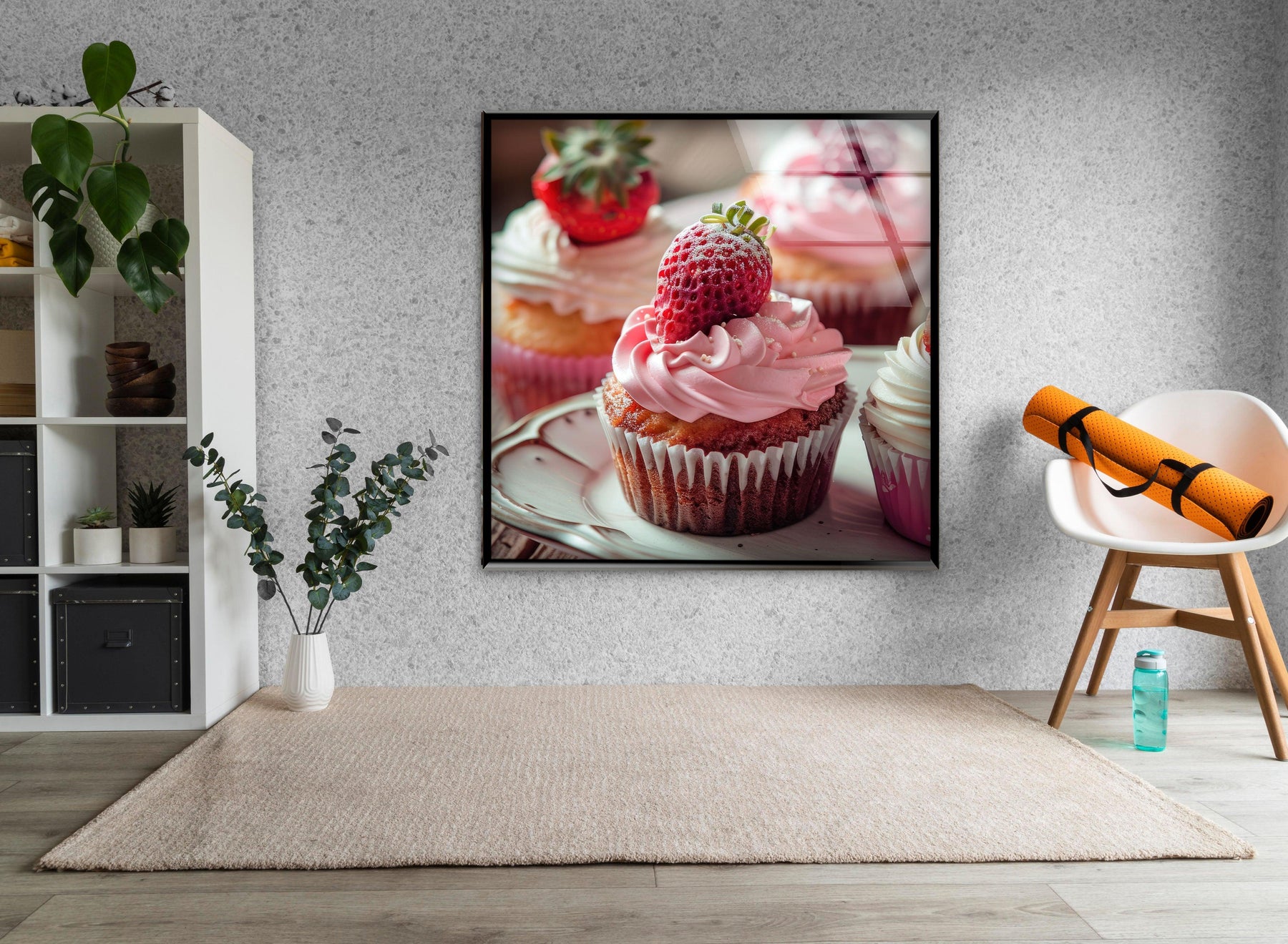 Strawberry cupcakes filling the frame in this vivid dessert glass art painting creates a delightful centerpiece.