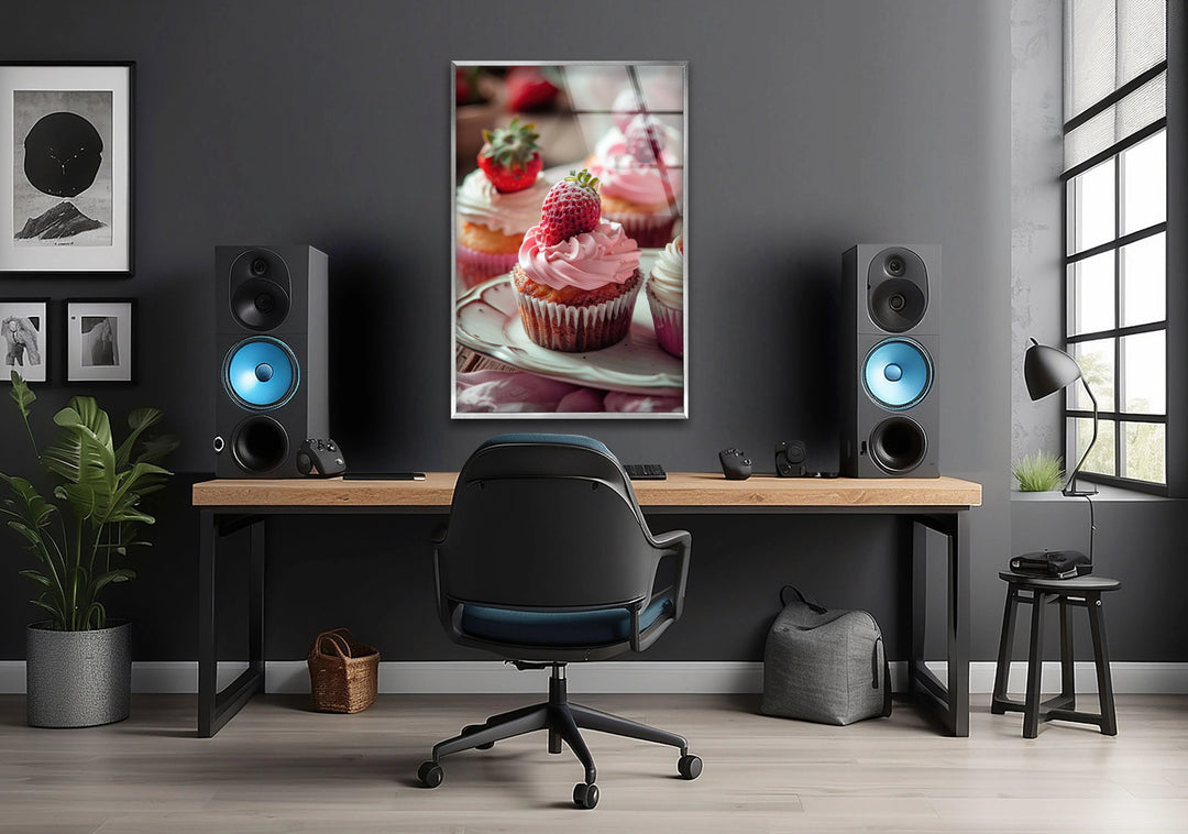 Showcasing the focal point, this strawberry cupcakes art from glass creates a delightful ambiance, featuring a vivid dessert design for a sweet kitchen wall decor.