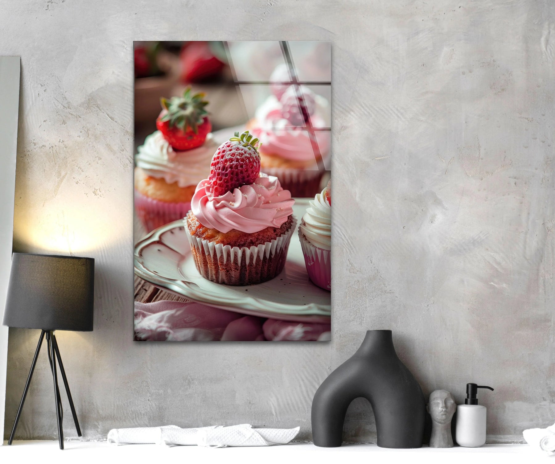 Showcasing the organic forms of strawberry cupcakes, this glass wall art brings unique modern wall decor to your kitchen with dessert sweetness.
