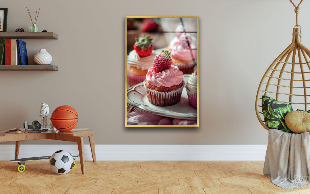 Warm color temperatures highlight the Strawberry Cupcakes glass wall art decor, offering a bright and inviting focal point in this kitchen-themed picture.