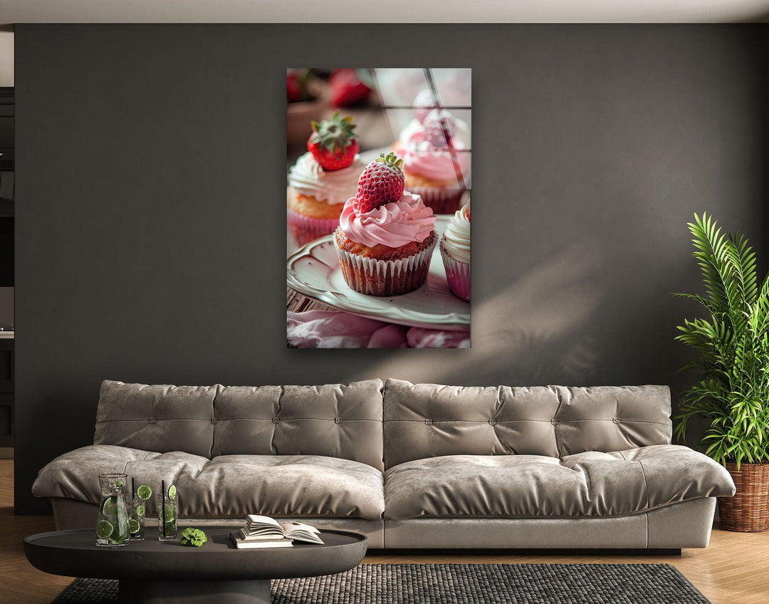 Strawberry Cupcakes Glass Wall Art, photo print on glass, prints on glass wall art