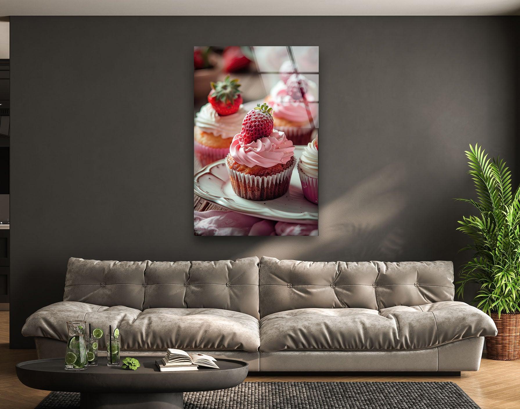 Vertical glass wall art featuring a close-up of pink frosted strawberry cupcakes displayed above a gray sofa in a modern living room.