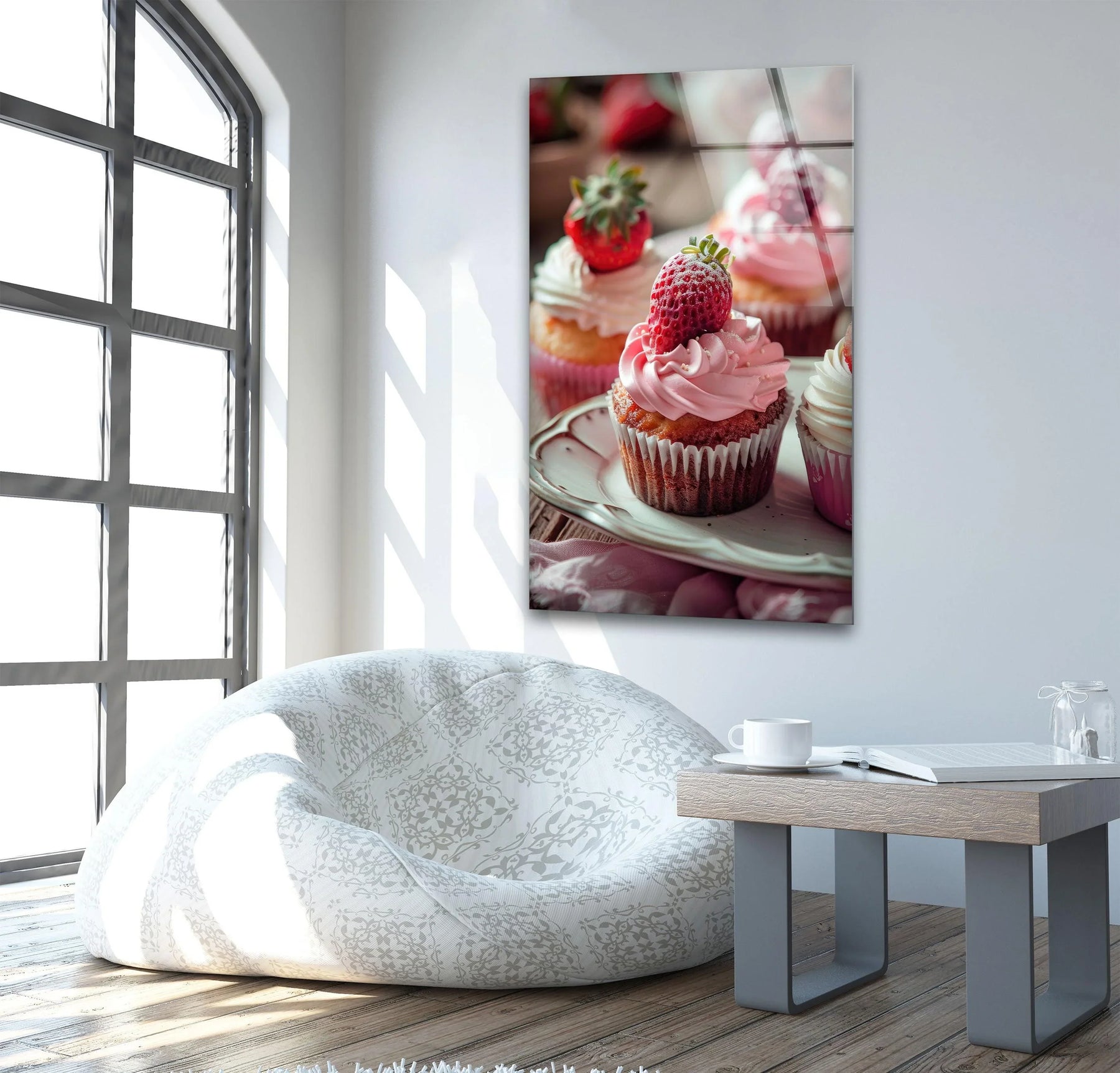 The darkest area highlights the rich details of the Strawberry Cupcakes Glass Wall Art, enhancing the delectable dessert depiction in this vibrant glass art painting.