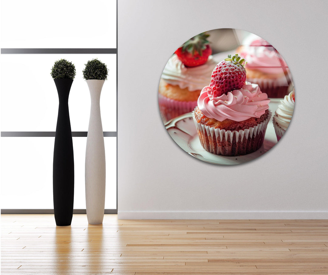 Calmness is created with this strawberry cupcakes glass wall art, turning a simple kitchen wall into a haven with delightful wall prints of sweet treats.