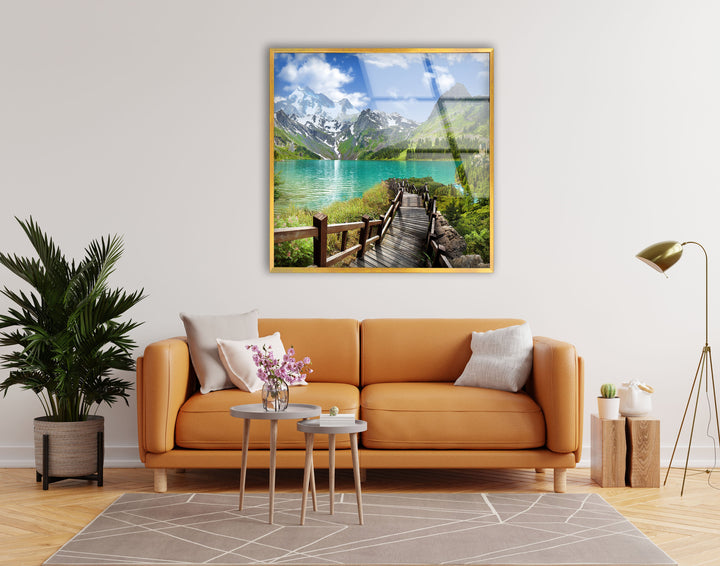 Elegant home decor featuring a picturesque alpine lake and a rustic pathway.
